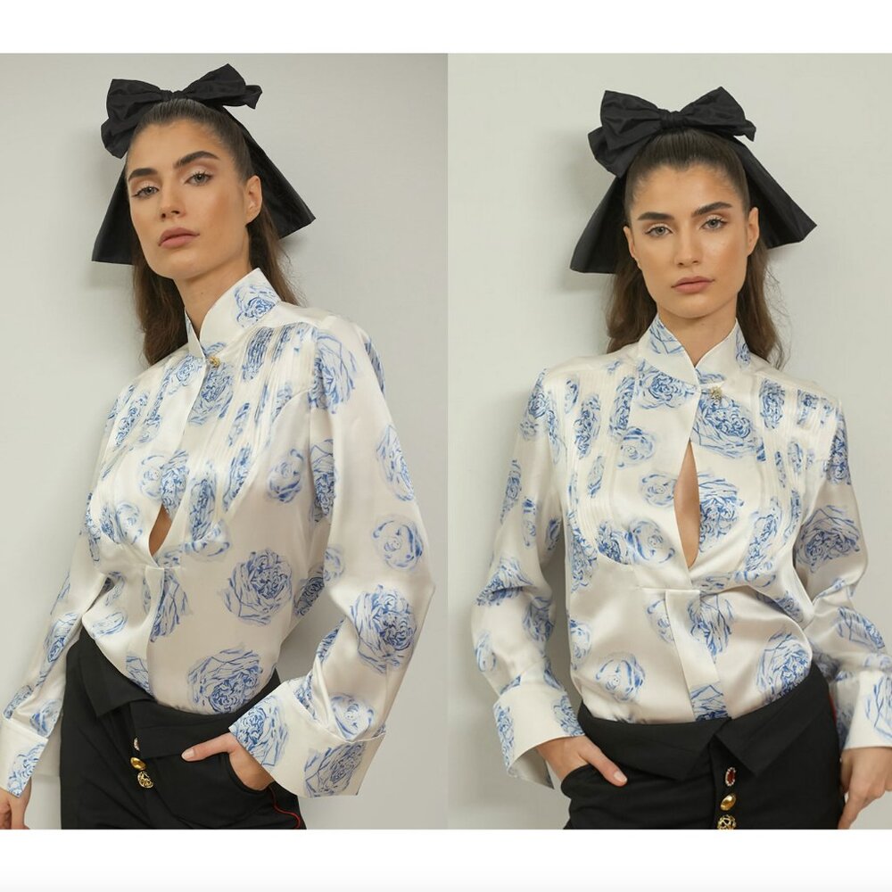 V:PM ATELIER Rosa floral print silk blouse stand collar
